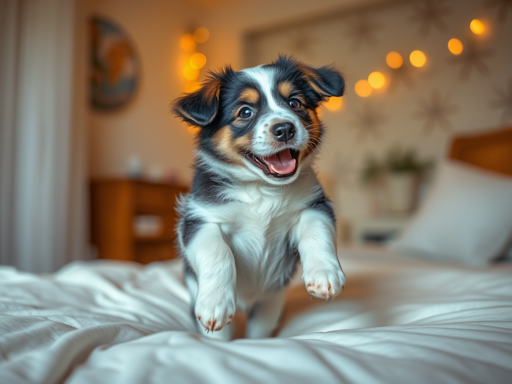 Puppy bouncing on the bed.